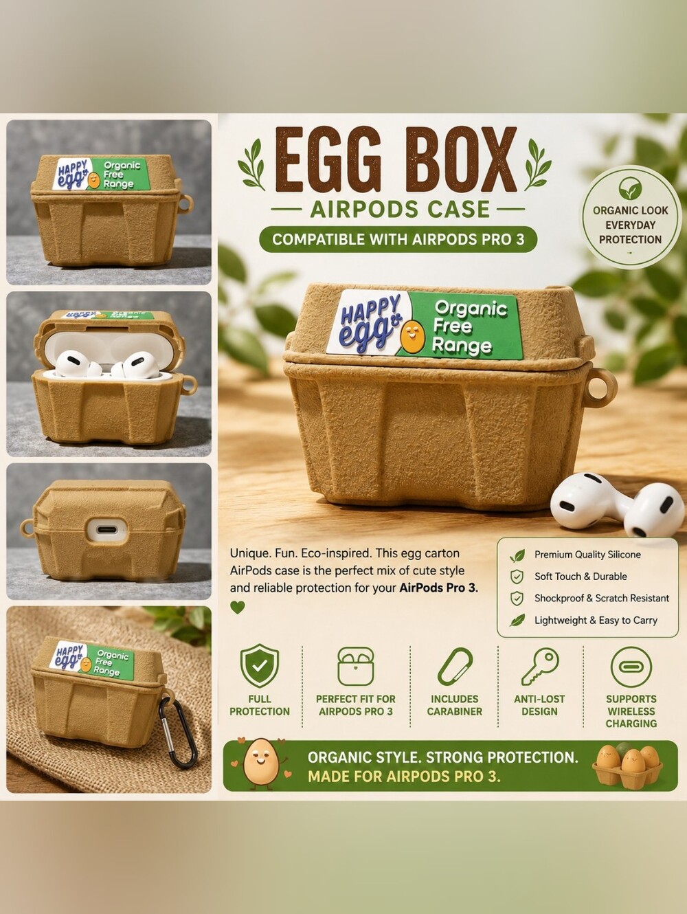 HAPPY EGGS ORGANIC BROWN EGG BOX COMPATIBLE WITH AirPods PRO 3 CASE